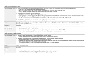 Goal 5: Increase Youth Involvement
Short Term Strategies & Tasks 1) Propose ways in which South Street Development youth, not registered at the Center, can benefit from youth programs and activities offered outside of the Center.
a) Create a list of youth programs and activities offered outside of the Center.
b) Reach out to youth, not registered at the Center, to provide the list of youth programs and activities offered outside of the Center.
c) Track the enrollment of youth, not registered at the Center, in programs and activities outside of the Center.
2) Use best practices to streamline the youth recruitment process.
a) Identify major challenges to the efficiency of the youth recruitment process.
b) Create best practices to overcome challenges to the efficiency of the youth recruitment process. One of these best practices may include increasing the number of recruiting days for
phone calls and door-to-door outreach, from one day per week to two days per week.
c) Use 35% of youth registered per semester as an indicator of recruitment success. The current number of youth registered is 30, which equals 23%.
3) Schedule different activities interspersed across semesters to raise youth motivation to come to the Center.
a) Highlight the different activities across semesters in the Annual Calendar of programs, activities and events.
Partners Boston Housing Authority, Friends, Alumni, Bromley-Heath, Youth Committee, Southern Jamaica Plain Health Center, Boston Police Department, Tree of Life/Arbol de Vida, Academy
Homes I, Academy Homes II, Curtis Hall
Completed By End of 2016
Long Term Objective Accommodate a higher number of youth at the Center.
Grow our staff and volunteers to offer programs and activities at additional hours, such as weekend hours (see Goal 6 and Goal 7)
Open up the facilities for use by partners that want to bring additional youth programs and activities.
Create an Alumni Network to keep track of alumni stories and achievement, and to invite alumni to community events at the Center.
Goal 6: Increase Parent Involvement
Short Term Strategies & Tasks 1) Make sure all parents sign a commitment to get involved in at least one activity per semester.
a) Highlight the different activities across semesters in the Annual Calendar of programs, activities and events.
2) Keep parents informed on ways to get involved through a Calendar of programs, activities, events, and volunteer opportunities.
a) Program Coordinator should create an Annual Calendar of programs, activities and events.
b) Disseminate hard copies of the calendar during door-to-door youth recruitment outreach, and during Center hours. Encourage parents and volunteers to take hard copies during Center
hours. Encourage youth to bring a hardcopy of the calendar to their parents.
i) Disseminate calendar on the Center’s website. Send a digital copy of the calendar to all Center stakeholders.
Partners Alumni, Boston Tenant Coalition
Completed By End of 2017
Long Term Objective Reward actively involved parents with tailored adult programs, such as computer classes and dinner discussions.
Offer these parents resources to conduct sexual education conversations with their children at the Center.
Coordinate the development of these reward programs with decision-making around staff growth.
 