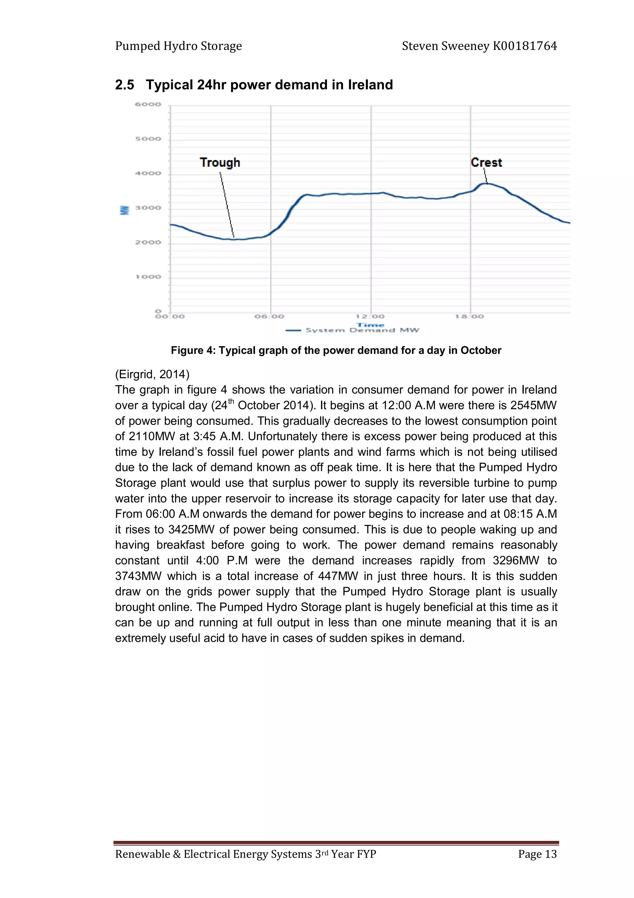 Pumped Hydro Storage Steven Sweeney K00181764
Renewable & Electrical Energy Systems 3rd Year FYP Page 13
2.5 Typical 24hr power demand in Ireland
Figure 4: Typical graph of the power demand for a day in October
(Eirgrid, 2014)
The graph in figure 4 shows the variation in consumer demand for power in Ireland
over a typical day (24th
October 2014). It begins at 12:00 A.M were there is 2545MW
of power being consumed. This gradually decreases to the lowest consumption point
of 2110MW at 3:45 A.M. Unfortunately there is excess power being produced at this
time by Ireland’s fossil fuel power plants and wind farms which is not being utilised
due to the lack of demand known as off peak time. It is here that the Pumped Hydro
Storage plant would use that surplus power to supply its reversible turbine to pump
water into the upper reservoir to increase its storage capacity for later use that day.
From 06:00 A.M onwards the demand for power begins to increase and at 08:15 A.M
it rises to 3425MW of power being consumed. This is due to people waking up and
having breakfast before going to work. The power demand remains reasonably
constant until 4:00 P.M were the demand increases rapidly from 3296MW to
3743MW which is a total increase of 447MW in just three hours. It is this sudden
draw on the grids power supply that the Pumped Hydro Storage plant is usually
brought online. The Pumped Hydro Storage plant is hugely beneficial at this time as it
can be up and running at full output in less than one minute meaning that it is an
extremely useful acid to have in cases of sudden spikes in demand.
 