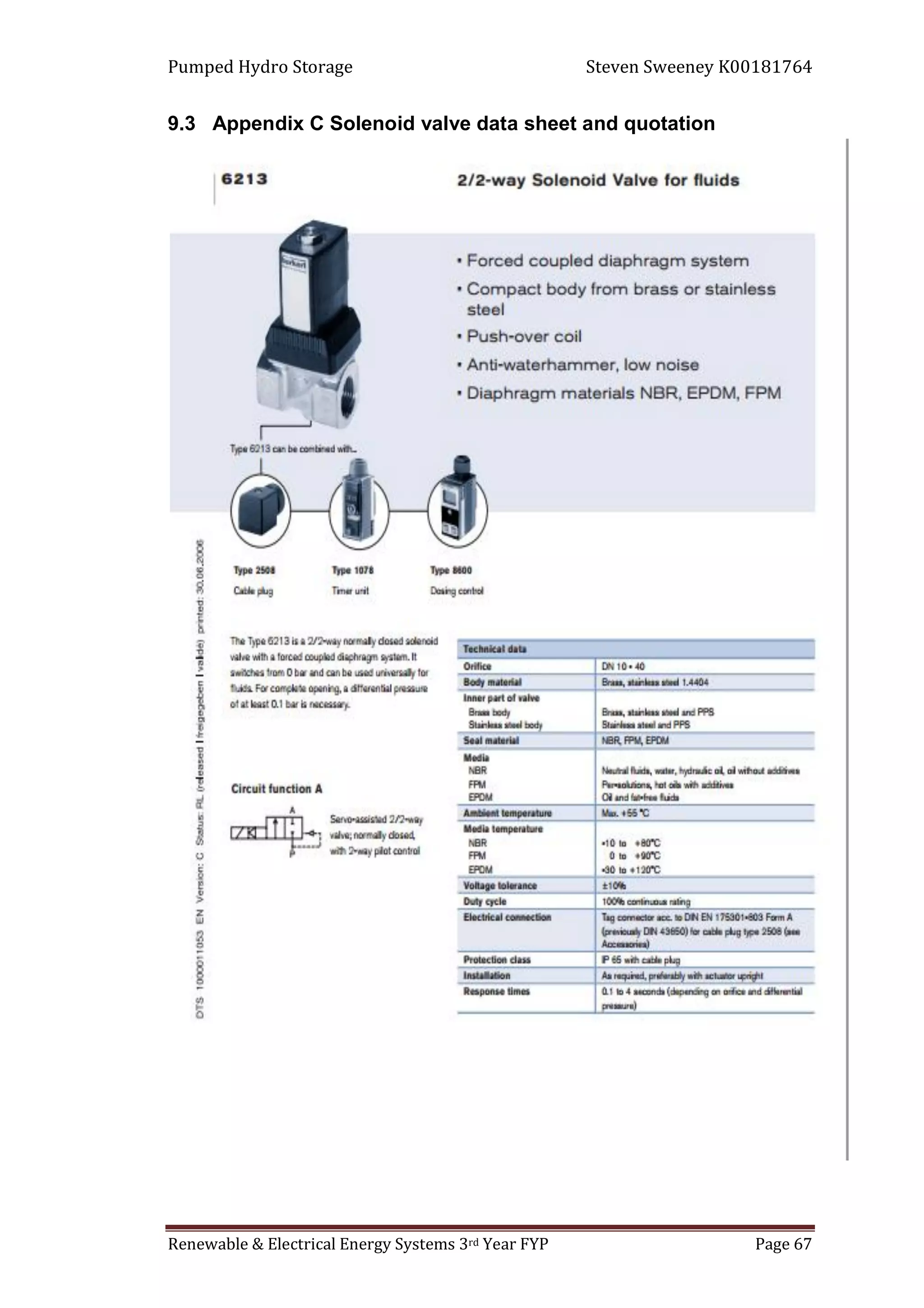 Pumped Hydro Storage Steven Sweeney K00181764
Renewable & Electrical Energy Systems 3rd Year FYP Page 67
9.3 Appendix C Solenoid valve data sheet and quotation
 