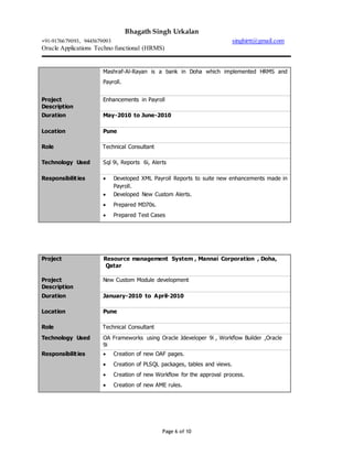 Bhagath Singh Urkalan
+91-9176679093, 9445679093 singhirtt@gmail.com
Oracle Applications Techno functional (HRMS)
Page 6 of 10
Mashraf-Al-Rayan is a bank in Doha which implemented HRMS and
Payroll.
Project
Description
Enhancements in Payroll
Duration May-2010 to June-2010
Location Pune
Role Technical Consultant
Technology Used Sql 9i, Reports 6i, Alerts
Responsibilities  Developed XML Payroll Reports to suite new enhancements made in
Payroll.
 Developed New Custom Alerts.
 Prepared MD70s.
 Prepared Test Cases
Project Resource management System , Mannai Corporation , Doha,
Q Qatar
Project
Description
New Custom Module development
Duration January-2010 to April-2010
Location Pune
Role Technical Consultant
Technology Used OA Frameworks using Oracle Jdeveloper 9i , Workflow Builder ,Oracle
9i
Responsibilities  Creation of new OAF pages.
 Creation of PLSQL packages, tables and views.
 Creation of new Workflow for the approval process.
 Creation of new AME rules.
 