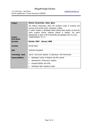 Bhagath Singh Urkalan
+91-9176679093, 9445679093 singhirtt@gmail.com
Oracle Applications Techno functional (HRMS)
Page 9 of 10
Project Mannai Corporation, Doha, Qatar
The Mannai Corporation offers the broadest range of products and
services of all private sector companies in Qatar.
A custom module is developed called Costing sheet module, to track the
entire projects Mannai software division is holding. The entire
development is done in OA Frameworks and deployed into 11.5.10.2.
Project
Description
Implementation for 11i
Duration October 2007- January 2008
Location On-site Doha
Role Technical Consultant
Technology Used Sql 9i , Forms and Reports 6i ,Discoverer, OA Frameworks
Responsibilities  Developed custom 6i Reports and XML reports
 Development of Discoverer Reports
 Prepared MD70s and UTRs.
 Developed Data migration scripts.
 
