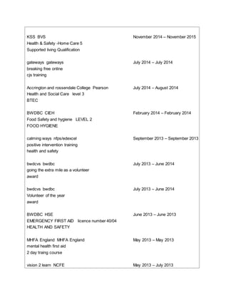 KSS BVS November 2014 – November 2015
Health & Safety -Home Care 5
Supported living Qualification
gateways gateways July 2014 – July 2014
breaking free online
cjs training
Accrington and rossendale College Pearson July 2014 – August 2014
Health and Social Care level 3
BTEC
BWDBC CIEH February 2014 – February 2014
Food Safety and hygiene LEVEL 2
FOOD HYGIENE
calming ways nfps/edexcel September 2013 – September 2013
positive intervention training
health and safety
bwdcvs bwdbc July 2013 – June 2014
going the extra mile as a volunteer
award
bwdcvs bwdbc July 2013 – June 2014
Volunteer of the year
award
BWDBC HSE June 2013 – June 2013
EMERGENCY FIRST AID licence number 40/04
HEALTH AND SAFETY
MHFA England MHFA England May 2013 – May 2013
mental health first aid
2 day traing course
vision 2 learn NCFE May 2013 – July 2013
 
