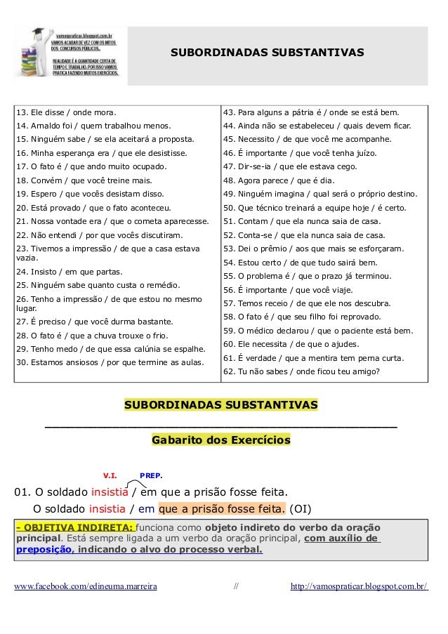 62_EXERCÍCIOS DAS ORAÇÕES SUBORDINADAS SUBSTANTIVAS