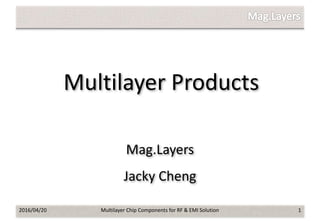 Multilayer Products
2016/04/20 Multilayer Chip Components for RF & EMI Solution 1
Mag.Layers
Jacky Cheng
 