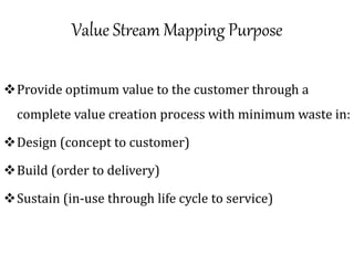 Value Stream Mapping Purpose
Provide optimum value to the customer through a
complete value creation process with minimum...