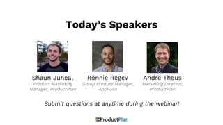 Today’s Speakers
Ronnie Regev
Group Product Manager,
AppFolio
Shaun Juncal
Product Marketing
Manager, ProductPlan
Andre Th...