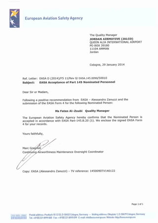EASA Acceptance letter for QA Manager position