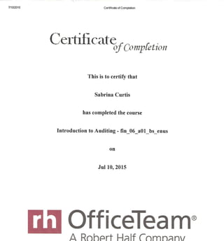 Office Team Robert Half Intruduction to Auditing Certificate of