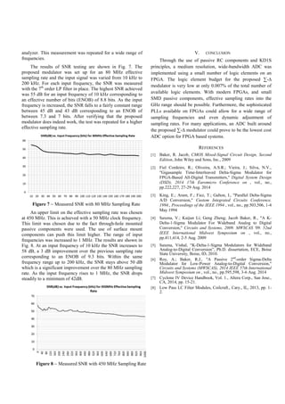 analyzer. This measurement was repeated for a wide range of
frequencies.
The results of SNR testing are shown in Fig. 7. The
proposed modulator was set up for an 80 MHz effective
sampling rate and the input signal was varied from 10 kHz to
200 kHz. For each input frequency, the SNR was measured
with the 7th
order LP filter in place. The highest SNR achieved
was 55 dB for an input frequency of 10 kHz corresponding to
an effective number of bits (ENOB) of 8.8 bits. As the input
frequency is increased, the SNR falls to a fairly constant range
between 45 dB and 43 dB corresponding to an ENOB of
between 7.3 and 7 bits. After verifying that the proposed
modulator does indeed work, the test was repeated for a higher
effective sampling rate.
Figure 7  Measured SNR with 80 MHz Sampling Rate
An upper limit on the effective sampling rate was chosen
at 450 MHz. This is achieved with a 50 MHz clock frequency.
This limit was chosen due to the fact through-hole mounted
passive components were used. The use of surface mount
components can push this limit higher. The range of input
frequencies was increased to 1 MHz. The results are shown in
Fig. 8. At an input frequency of 10 kHz the SNR increases to
58 dB, a 3 dB improvement over the previous sampling rate
corresponding to an ENOB of 9.3 bits. Within the same
frequency range up to 200 kHz, the SNR stays above 50 dB
which is a significant improvement over the 80 MHz sampling
rate. As the input frequency rises to 1 MHz, the SNR drops
steadily to a minimum of 42dB.
V. CONCLUSION
Through the use of passive RC components and KD1S
principles, a medium resolution, wide-bandwidth ADC was
implemented using a small number of logic elements on an
FPGA. The logic element budget for the proposed ∑-∆
modulator is very low at only 0.007% of the total number of
available logic elements. With modern FPGAs, and small
SMD passive components, effective sampling rates into the
GHz range should be possible. Furthermore, the sophisticated
PLLs available on FPGAs could allow for a wide range of
sampling frequencies and even dynamic adjustment of
sampling rates. For many applications, an ADC built around
the proposed ∑-∆ modulator could prove to be the lowest cost
ADC option for FPGA based systems.
REFERENCES
[1] Baker, R. Jacob, CMOS Mixed-Signal Circuit Design, Second
Edition, John Wiley and Sons, Inc., 2009
[2] Fiel Cordeiro, R.; Oliveira, A.S.R.; Vieira, J.; Silva, N.V.,
"Gigasample Time-Interleaved Delta-Sigma Modulator for
FPGA-Based All-Digital Transmitters," Digital System Design
(DSD), 2014 17th Euromicro Conference on , vol., no.,
pp.222,227, 27-29 Aug. 2014
[3] King, E.; Aram, F.; Fiez, T.; Galton, I., "Parallel Delta-Sigma
A/D Conversion," Custom Integrated Circuits Conference,
1994., Proceedings of the IEEE 1994 , vol., no., pp.503,506, 1-4
May 1994
[4] Saxena, V.; Kaijun Li; Geng Zheng; Jacob Baker, R., "A K-
Delta-1-Sigma Modulator For Wideband Analog to Digital
Conversion," Circuits and Systems, 2009. MWSCAS '09. 52nd
IEEE International Midwest Symposium on , vol., no.,
pp.411,414, 2-5 Aug. 2009
[5] Saxena, Vishal, “K-Delta-1-Sigma Modulators for Wideband
Analog-to-Digital Conversion”, Ph.D. dissertation, ECE, Boise
State University, Boise, ID, 2010.
[6] Roy, A.; Baker, R.J., "A Passive 2nd
-order Sigma-Delta
Modulator for Low-Power Analog-to-Digital Conversion,"
Circuits and Systems (MWSCAS), 2014 IEEE 57th International
Midwest Symposium on , vol., no., pp.595,598, 3-6 Aug. 2014
[7] Cyclone IV Device Handbook, Vol. 1., Altera Corp., San Jose.,
CA, 2014, pp. 15-21.
[8] Low Pass LC Filter Modules, Coilcraft., Cary., IL, 2013, pp. 1-
2.
Figure 8  Measured SNR with 450 MHz Sampling Rate
 