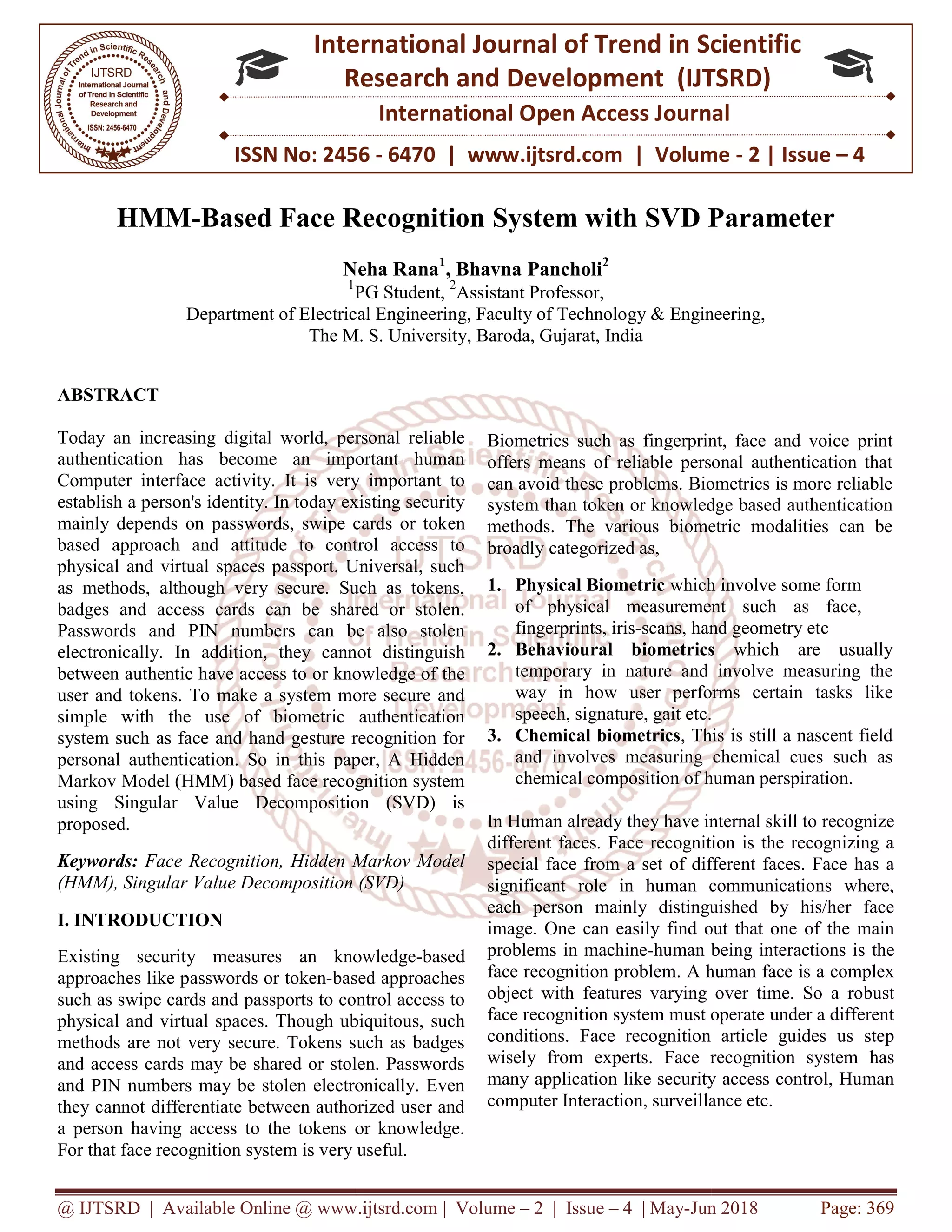 HMM-Based Face Recognition System with SVD Parameter | PDF
