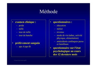 S Corone.Coeur et travail sept 08
Méthode
• examen clinique :
– poids
– taille
– tour de taille
– tour de hanche
• prélèvement sanguin
– apo A/apo B
• questionnaires :
– éducation
– métier
– revenus
– mode de vie (tabac, activité
physique, alimentation)
– antécédents cardiaques perso
et familliaux
• questionnaire sur l'état
psychologique au cours
des 12 derniers mois
 