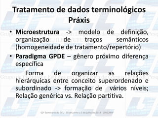 Tratamento de dados terminológicos
Práxis
• Microestrutura -> modelo de definição,
organização de traços semânticos
(homogeneidade de tratamento/repertório)
• Paradigma GPDE – gênero próximo diferença
específica
Forma de organizar as relações
hierárquicas entre conceito superordenado e
subordinado -> formação de vários níveis;
Relação genérica vs. Relação partitiva.
62º Seminário do GEL - 30 de junho a 3 de julho de 2014 - UNICAMP
 