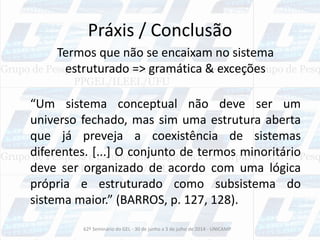 Práxis / Conclusão
Termos que não se encaixam no sistema
estruturado => gramática & exceções
“Um sistema conceptual não deve ser um
universo fechado, mas sim uma estrutura aberta
que já preveja a coexistência de sistemas
diferentes. [...] O conjunto de termos minoritário
deve ser organizado de acordo com uma lógica
própria e estruturado como subsistema do
sistema maior.” (BARROS, p. 127, 128).
62º Seminário do GEL - 30 de junho a 3 de julho de 2014 - UNICAMP
 