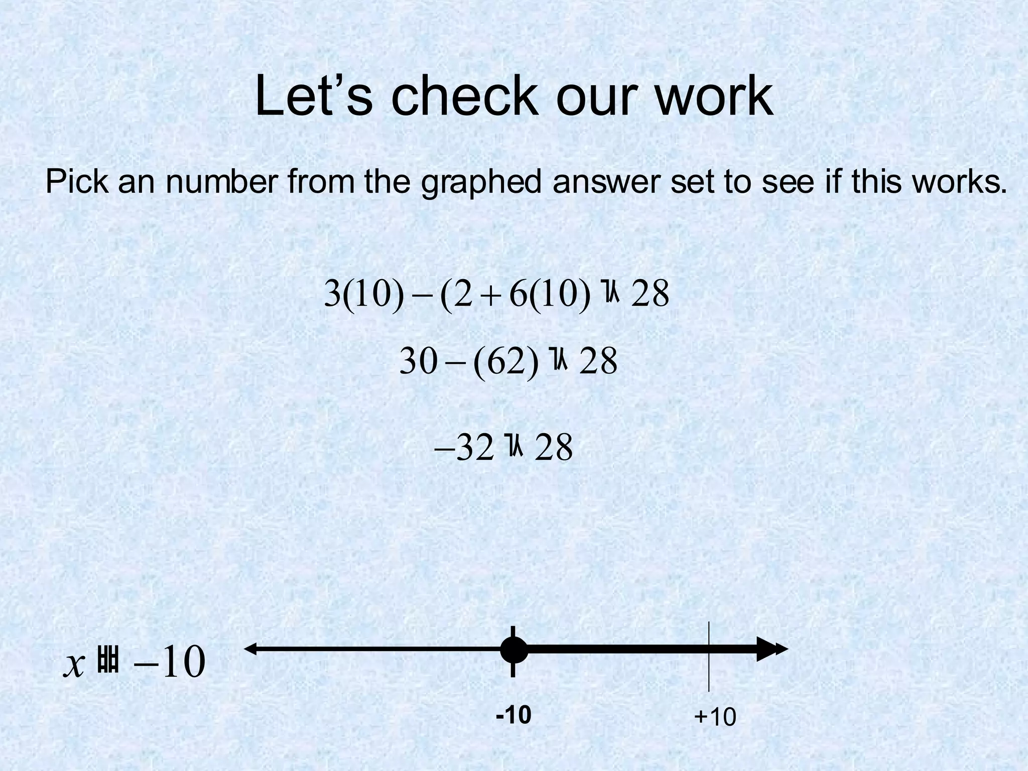 Let’s check our work -10 Pick an number from the graphed answer set to see if this works. +10 