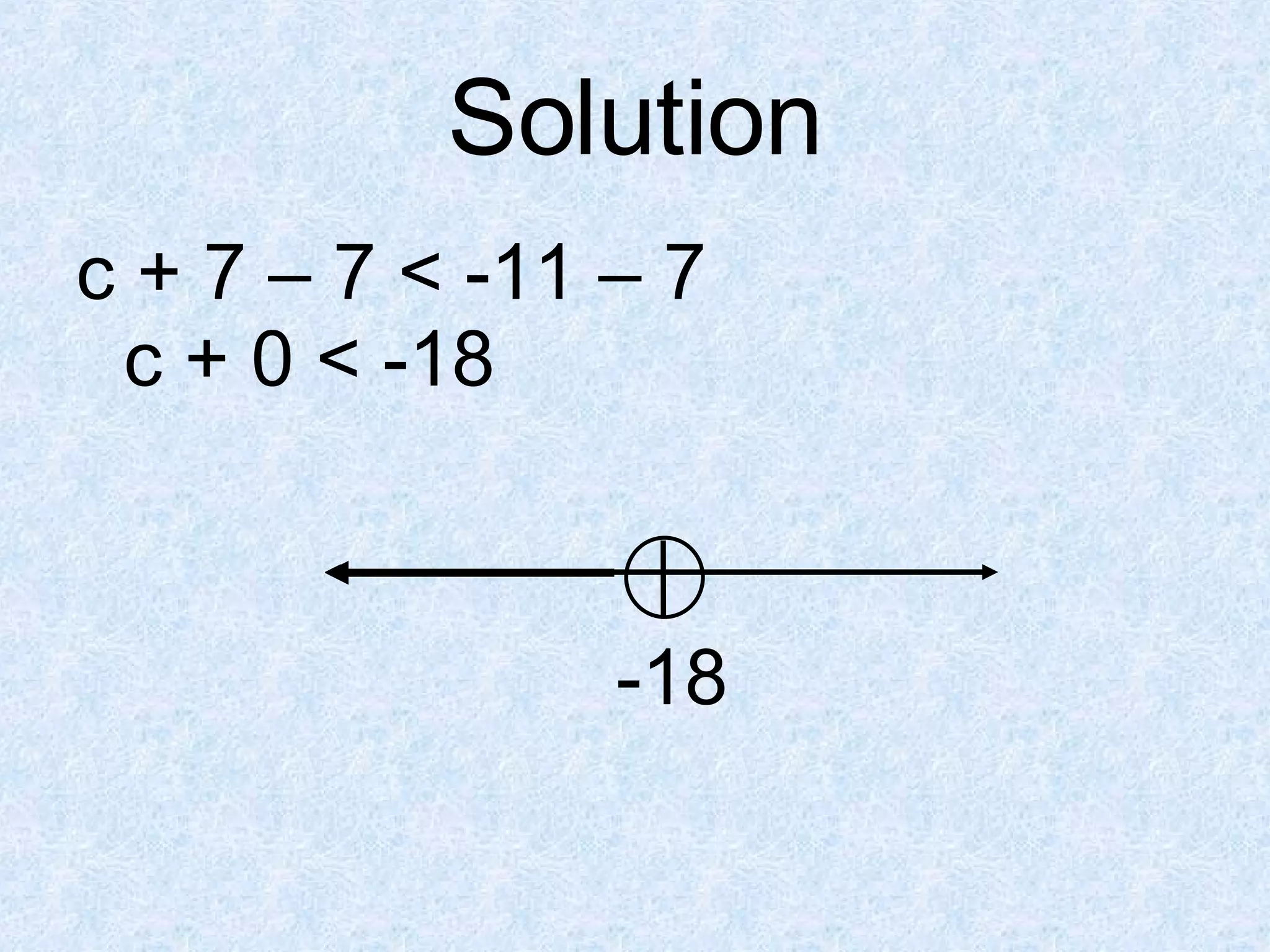 Solution c + 7 – 7 < -11 – 7 c + 0 < -18 -18 