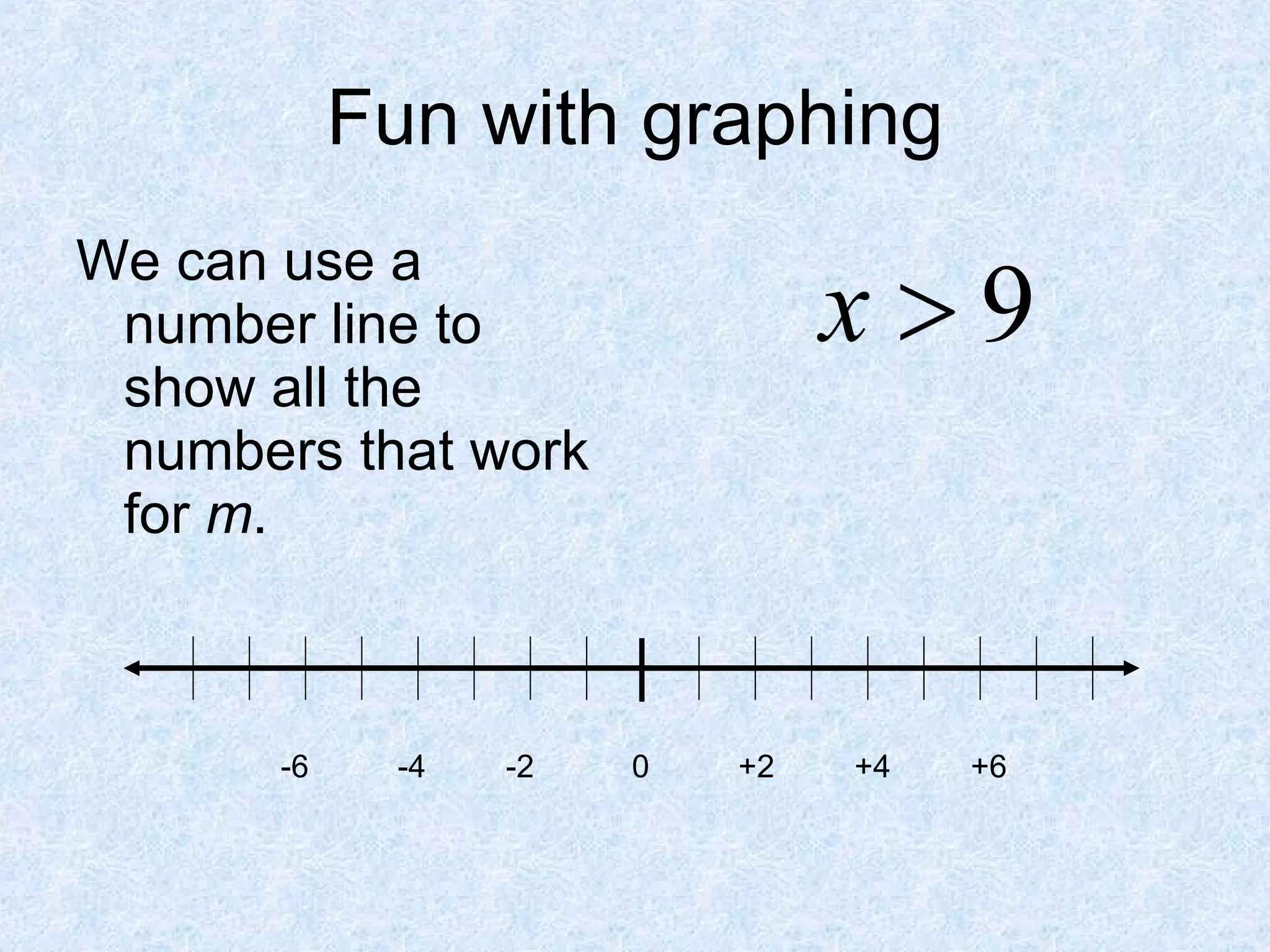 Fun with graphing We can use a number line to show all the numbers that work for  m . -6  -4  -2  0  +2  +4  +6  