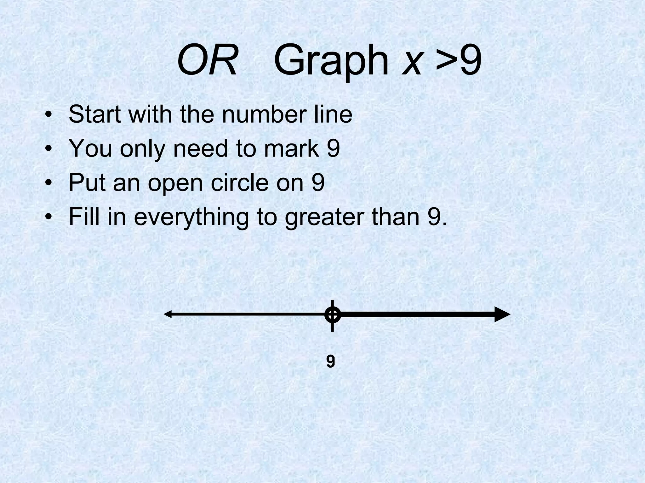 OR  Graph  x  >9 Start with the number line You only need to mark 9 Put an open circle on 9 Fill in everything to greater than 9. 9 