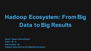 Hadoop Ecosystem: FromBig
Data to Big Results
Name: Tazeen GulrezSayed
Class : TE - A
Roll number :62
Subject: Data Science And Big Data Analytics
 