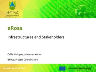 WWW.EROSA.AGINFRA.EU
e-ROSA has received funding from the European
Union’s Horizon 2020 research and innovation
programme under grant agreement No 730988
eRosa
Infrastructures and Stakeholders
Brussels, March 31 2017
Odile Hologne, Johannes Keizer
eRosa, Project Coordination
 
