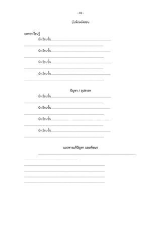 - 88 -

                            บันทึกหลังสอน

ผลการเรียนรู
          นักเรียนชั้น……………………………………………………………………………
………………………………………………………….………………………………………..
          นักเรียนชั้น…………………………………………………………………………..
…………………………………………………………………………………………………….
          นักเรียนชั้น……………………………………………………………………………
………………………………………………………….………………………………………..
          นักเรียนชั้น…………………………………………………………………………..
…………………………………………………………………………………………………….

                            ปญหา / อุปสรรค
       นักเรียนชั้น……………………………………………………………………………
………………………………………………………….………………………………………..
       นักเรียนชั้น…………………………………………………………………………..
…………………………………………………………………………………………………….
       นักเรียนชั้น……………………………………………………………………………
………………………………………………………….………………………………………..
       นักเรียนชั้น…………………………………………………………………………..
…………………………………………………………………………………………………….

                   แนวทางแกปญหา และพัฒนา
       ……………………………………………………………………………………………………………………………
…………………………………………………………………..
……………………………………………………………………………………………………..
……………………………………………………………………………………………………..
……………………………………………………………………………………………………..
……………………………………………………………………………………………………..
 