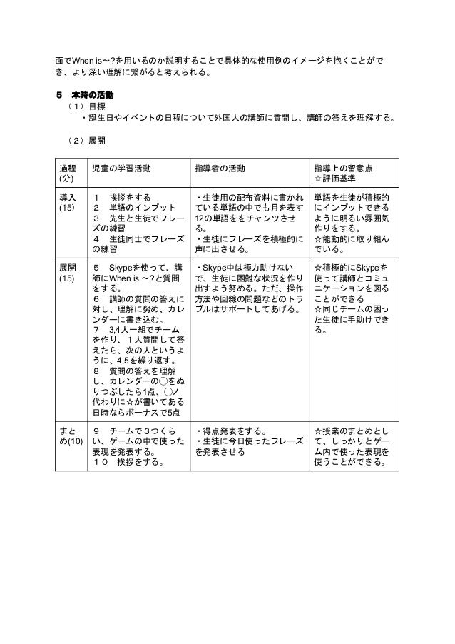 小学6年生向け Skypeを利用した英語授業 第3回学習指導案 小学6年生向け Skypeを利用した英語授業 第3回学習指導案