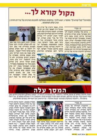 12
‫חדשות‬
14.07.2016
‫צברי‬ .‫מ‬
‫ל�ק‬ ‫ההכנות‬ ‫נשלמות‬ ‫אלו‬ ‫בימים‬ 
‫שיתקיים‬ ‫ונערות‬ ‫נשים‬ ‫פסטיבל‬ ‫ראת‬
‫חיים‬ ‫גבעת‬ ‫קיבוץ‬ ‫בריכת‬ ‫במרחבי‬
‫סד‬ ‫מבחר‬ ‫יתקיימו‬ ‫בפסטיבל‬ .‫מאוחד‬‫י‬
‫חינוך‬ ,‫יצירה‬ -‫הפסטיבל‬ ‫לנשות‬ ‫נאות‬
,‫זומבה‬ ,‫וציור‬ ‫אומנות‬ ,‫מודעות‬ ,‫ילדים‬
,‫איפור‬,‫מטפחות‬‫קשירת‬,‫אינדנס‬‫מחול‬
..‫ועוד‬ ‫תסרוקות‬ ‫עיצוב‬ ‫ללידה‬ ‫הכנה‬
‫בחסות‬ ‫יזמו‬ ‫הזה‬ ‫המיוחד‬ ‫הפסטיבל‬ ‫את‬
‫עיריית‬ ‫של‬ ‫תורנית‬ ‫לתרבות‬ ‫המחלקה‬
‫הפ‬ ‫יצירת‬ ‫של‬ ‫הרעיון‬ ‫כאשר‬ ,‫חדרה‬‫י‬
‫למילוי‬ ‫זמן‬ ‫חלון‬ ‫לאפשר‬ ‫היה‬ ‫סטיבל‬
‫תמיד‬ ‫שלא‬ ‫מדברים‬ ‫לטעום‬ ,‫מצברים‬
.‫בהם‬ ‫לגעת‬ ‫מצליחים‬ ‫אנו‬ ‫חיינו‬ ‫במהלך‬
‫מכירות‬ ‫יריד‬ ‫יתקיים‬ ‫הערב‬ ‫לאורך‬
‫תכ‬ ,‫ונערות‬ ‫נשים‬ ‫בגדי‬ ‫של‬ ‫גדול‬‫י‬
,‫ים‬ ‫בגדי‬ ,‫קוסמטיקה‬ ‫מוצרי‬ ,‫שיטים‬
..‫ועוד‬ ‫יודאיקה‬ ‫מוצרי‬ ,‫ראש‬ ‫כיסוי‬
‫יוכ‬ ‫בפסטיבל‬ ‫המשתתפות‬ ‫הנשים‬‫י‬
‫השוכנת‬ ‫נפרדת‬ ‫מבריכה‬ ‫ליהנות‬ ‫לו‬
‫לצד‬ ,‫השראה‬ ‫ומעורר‬ ‫מרומם‬ ‫בטבע‬
.‫ומרגיעים‬ ‫מטופחים‬ ‫דשא‬ ‫מרחבי‬
‫מפנ‬ ‫קפה‬ ‫פינת‬ ‫תוצב‬ ‫הערב‬ ‫במהלך‬‫י‬
‫אוכל‬ ‫דוכני‬ ‫ולצידה‬ ‫תשלום‬ ‫ללא‬ ‫קת‬
‫הזמ‬ .‫נפש‬ ‫שווי‬ ‫במחירים‬ ‫מפנקים‬‫י‬
‫במופע‬ ‫תופיע‬ ‫יוסף‬ ‫בן‬ ‫רוחמה‬ ‫רת‬
‫וכמובן‬ . ‫לנשמה‬ ‫החודר‬ ‫וסוחף‬ ‫מרגש‬
.‫ערב‬ ‫הקריוקי‬ ‫פינת‬ ‫את‬ ‫נשכח‬ ‫שלא‬
‫על‬ ‫מספרות‬ ,‫שוחחנו‬ ‫שעמם‬ ‫נשים‬
‫גו‬ ‫ולא‬ ,‫שהתקיים‬ ‫הקודם‬ ‫ההפנינג‬‫י‬
,‫מהנה‬ ‫ערב‬ ‫"היה‬ :‫להתפעל‬ ‫מרות‬
‫שזורם‬ ‫ערב‬ ,‫וכייפי‬ ‫חברתי‬ ‫מפגש‬
."‫שמפספסת-מפסידה‬ ‫ומי‬ ‫אחר‬ ‫בקצב‬
‫ערב‬ ‫"זהו‬ :‫נמסר‬ ‫הפסטיבל‬ ‫מארגון‬
‫כל‬ ‫את‬ ‫תשאלון‬ !‫מפספסים‬ ‫שלא‬
‫עליו‬ ‫מוותרות‬ ‫שלא‬ ‫הנשים‬ ‫מאות‬
‫לראות‬ ‫מחכים‬ ‫אנו‬ .‫שנה‬ ‫מידי‬
‫ית‬ ‫הפסטיבל‬ "!‫ואחת‬ ‫אחת‬ ‫כל‬‫י‬
21.7 ‫תמוז‬ '‫טו‬ ‫חמישי‬ ‫ביום‬ ‫קיים‬
...‫ך‬‫ל‬ ‫א‬‫ר‬‫ו‬‫ק‬ ‫ל‬‫ו‬‫ק‬‫ה‬
| ‫חדרה‬ ‫עיריית‬ ‫של‬ ‫תורנית‬ ‫לתרבות‬ ‫המחלקה‬ ‫בחסות‬ | ‫לדרך‬ ‫יוצא‬ 3 ‫מספר‬ "‫לך‬ ‫קורא‬ ‫"קול‬ ‫פסטיבל‬
...‫תפספסו‬ ‫שלא‬ ‫ערב‬
‫צברי‬ .‫מ‬
‫מתנ"ס‬ ‫של‬ ‫הקהילתי‬ ‫התיאטרון‬ 
‫הצגה‬ ‫בהצלחה‬ ‫העלה‬ ‫אולגה‬ ‫גבעת‬
‫לקיס‬ ‫מכמורת‬ ‫"בין‬ ‫מקורית‬ ‫חדשה‬‫י‬
‫החדש‬ ‫התרבות‬ ‫באולם‬ ‫שהוצגה‬ ,"‫ריה‬
‫ראש‬ ‫במעמד‬ ‫אולגה‬ ‫גבעת‬ ‫במתנ"ס‬
‫ראש‬ ‫סגנית‬ ,‫גנדלמן‬ ‫צביקה‬ ‫העיר‬
‫יו"ר‬ ‫יחזקאלי‬ ‫חדוה‬ ‫הגברת‬ ‫העיר‬
.‫רב‬ ‫וקהל‬ ,‫בוסקילה‬ ‫אלי‬ ‫עו"ד‬ ‫המתנ"ס‬
‫נכ‬ ‫אשר‬ ‫מקורית‬ ‫בהצגה‬ ‫מדובר‬‫י‬
‫שוורץ‬ ‫סיון‬ ‫על-ידי‬ ‫ובוימה‬ ‫תבה‬
‫שח‬ ‫בה‬ ‫והשתתפו‬ ,'‫אלפרוביץ‬‫י‬
.‫הרבים‬ ‫התיאטרון‬ ‫קבוצת‬ ‫קני‬
"‫לקיסריה‬ ‫מכמורת‬ ‫"בין‬ ‫ההצגה‬
‫אשר‬ ‫אולגה‬ ‫גבעת‬ ‫לשכונת‬ ‫מתייחסת‬
‫לכ‬ ‫מעבר‬ ‫בניתוק‬ ‫חיה‬ ‫רבות‬ ‫שנים‬‫י‬
‫מדרום‬ :‫דברים‬ ‫קורים‬ ‫והנה‬ ,2 ‫ביש‬
‫על‬ ‫מדברים‬ ‫מצפון‬ ,‫הים‬ ‫עין‬ ‫צומחת‬
‫הוותיקה‬ ‫אולגה‬ ‫וגבעת‬ ,‫הים‬ ‫רובע‬
‫תהיות‬ ‫בוחנת‬ ‫ההצגה‬ .‫באמצע‬ ‫נשארת‬
‫העתי‬ ‫היחסים‬ ‫מערכת‬ ‫תהיה‬ ‫מה‬ ‫כמו‬‫י‬
,‫העתיד‬ ‫צופן‬ ‫מה‬ ,‫השכונות‬ ‫בין‬ ‫דית‬
.‫מערב‬ ‫לחדרה‬ ‫תהפוך‬ ‫השכונה‬ ‫והאם‬
‫כמחזה‬ ‫ההצגה‬ ‫את‬ ‫מגדירה‬ ‫הקבוצה‬
,‫ציני‬ ‫וקצת‬ ‫סטירי‬ ‫קצת‬ ,‫קומי‬ ,‫חברתי‬
‫ומנסה‬ ‫הצדדים‬ ‫לכל‬ ‫מראה‬ ‫המציב‬
‫אוניברסליות‬ ‫בעיות‬ ‫עם‬ ‫להתמודד‬
,‫ומציאות‬ ‫סטיגמה‬ ,‫ישן‬ ‫מול‬ ‫חדש‬ ‫של‬
.‫האחר‬ ‫לקבלת‬ ‫ונכונות‬ ‫חברתי‬ ‫שילוב‬
‫יח‬ ‫חדוה‬ ‫הגברת‬ ‫העיר‬ ‫ראש‬ ‫סגנית‬‫י‬
‫לראות‬ ‫כיף‬ " : ‫לכתבנו‬ ‫מסרה‬ ‫זקאלי‬
‫במ‬ ‫לצפות‬ ‫מגיעים‬ ‫רבים‬ ‫תושבים‬‫י‬
‫התו‬ ‫טהרת‬ ‫על‬ ‫שבוני‬ ‫איכותי‬ ‫חזה‬‫י‬
"‫גדולה‬ ‫גאווה‬ ,‫החדרתים‬ ‫שבים‬
‫עלה‬ ‫המסך‬‫במ‬ ‫החדש‬ ‫התרבות‬ ‫באולם‬ ‫הוצגה‬ "‫לקיסריה‬ ‫מכמורת‬ ‫"בין‬ ‫ההצגה‬ | ‫אולגה‬ ‫גבעת‬ ‫במתנ"ס‬ ‫חדשה‬ ‫הצגה‬‫־‬
‫אלי‬ ‫עו"ד‬ ‫המתנ"ס‬ ‫הנהלת‬ ‫ויו"ר‬ ‫יחזקאלי‬ ‫חדוה‬ ‫הגברת‬ ‫העיר‬ ‫ראש‬ ‫סגנית‬ ,‫גנדלמן‬ ‫צביקה‬ ‫העיר‬ ‫ראש‬ ‫עמד‬
.‫האחרונות‬ ‫בשנים‬ ‫הפריחה‬ ‫ועל‬ ‫הניתוק‬ ‫על‬ ,"‫אולגה‬ ‫"גבעת‬ ‫בשכונת‬ ‫עוסקת‬ ‫ההצגה‬ | .‫בוסקילה‬
‫לקיסריה‬ ‫מכמורת‬ ‫בין‬
‫שעברה‬ ‫בשנה‬
 