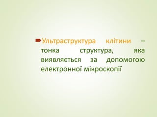 Ультраструктура клітини –
тонка структура, яка
виявляється за допомогою
електронної мікроскопії
 