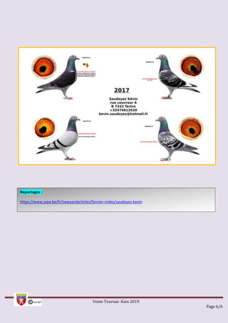 Vente Tournai- Kain 2019
Page 6/6
Reportages :
https://www.pipa.be/fr/newsandarticles/fancier-index/saudoyez-kevin
 