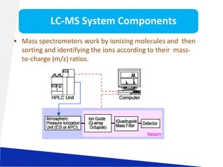 LC-MS System Components
• Mass spectrometers work by ionizing molecules and then
sorting and identifying the ions according to their mass-
to-charge (m/z) ratios.
 