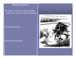 Revenue Scarcity

-Revenue is limited, so government
  must make choices about spending




-setting priorities




-Political Party goals
 