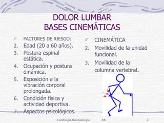 DOLOR LUMBAR BASES CINEMÁTICAS FACTORES DE RIESGO: Edad (20 a 60 años). Postura espinal estática. Ocupación y postura dinámica. Exposición a la vibración corporal prolongada. Condición física y actividad deportiva. Aspectos psicológicos. CINEMÁTICA Movilidad de la unidad funcional. Movilidad de la columna vertebral .  