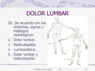 DOLOR LUMBAR III. De acuerdo con los síntomas, signos y hallazgos radiológicos: Dolor lumbar. Radiculopatía. Lumbociática. Dolor lumbar y radiculopatía. 