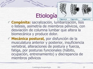 Etiología Congénita:  sacralización, lumbarización, lisis o listesis, asimetría de miembros pélvicos, con desviación de columna lumbar que altera la biomecánica y produce dolor. Mecánica postural,  por disfunción de la musculatura anterior y posterior, insuficiencia vertebral, alteraciones de postura y fuerza, fatiga, por posturas funcionales (hábito, ocupación, entrenamiento) y discrepancia de miembros pélvicos 