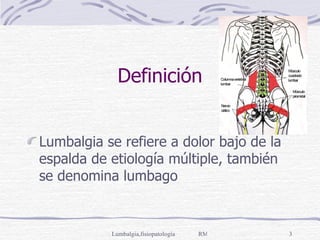 Definición Lumbalgia se refiere a dolor bajo de la espalda de etiología múltiple, también se denomina lumbago 