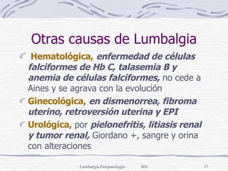 Otras causas de Lumbalgia Hematológica,   enfermedad de células falciformes de Hb C, talasemia B y anemia de células falciformes,  no cede a Aines y se agrava con la evolución Ginecológica,   en dismenorrea, fibroma uterino, retroversión uterina y EPI Urológica,  por  pielonefritis, litiasis renal y tumor renal,  Giordano +, sangre y orina con alteraciones 