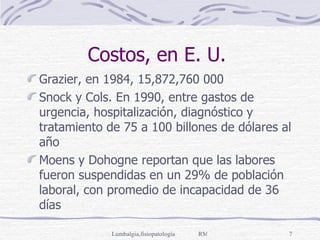 Costos, en E. U.  Grazier, en 1984, 15,872,760 000 Snock y Cols. En 1990, entre gastos de urgencia, hospitalización, diagnóstico y tratamiento de 75 a 100 billones de dólares al año Moens y Dohogne reportan que las labores fueron suspendidas en un 29% de población laboral, con promedio de incapacidad de 36 días 