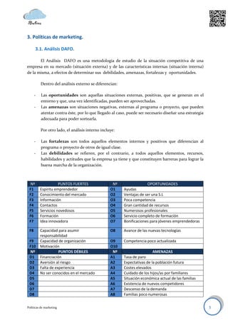 3. Políticas de marketing.

       3.1. Análisis DAFO.

       El Análisis DAFO es una metodología de estudio de la situación competitiva de una
empresa en su mercado (situación externa) y de las características internas (situación interna)
de la misma, a efectos de determinar sus debilidades, amenazas, fortalezas y oportunidades.

          Dentro del análisis externo se diferencian:

      -   Las oportunidades son aquellas situaciones externas, positivas, que se generan en el
          entorno y que, una vez identificadas, pueden ser aprovechadas.
      -   Las amenazas son situaciones negativas, externas al programa o proyecto, que pueden
          atentar contra éste, por lo que llegado al caso, puede ser necesario diseñar una estrategia
          adecuada para poder sortearla.

          Por otro lado, el análisis interno incluye:

      -   Las fortalezas son todos aquellos elementos internos y positivos que diferencian al
          programa o proyecto de otros de igual clase.
      -   Las debilidades se refieren, por el contrario, a todos aquellos elementos, recursos,
          habilidades y actitudes que la empresa ya tiene y que constituyen barreras para lograr la
          buena marcha de la organización.



  Nº                 PUNTOS FUERTES                Nº                OPORTUNIDADES
 F1       Espíritu emprendedor                    O1    Ayudas
 F2       Conocimiento del mercado                O2    Ventajas de ser una S.L
 F3       Información                             O3    Poca competencia
 F4       Contactos                               O4    Gran cantidad de recursos
 F5       Servicios novedosos                     O5    Numerosos profesionales
 F6       Formación                               O6    Servicio completo de formación
 F7       Idea innovadora                         O7    Bonificaciones para jóvenes emprendedoras

 F8       Capacidad para asumir                   O8    Avance de las nuevas tecnologías
          responsabilidad
 F9       Capacidad de organización               O9    Competencia poco actualizada
 F10      Motivación                              O10
 Nº                  PUNTOS DÉBILES                Nº                   AMENAZAS
 D1       Financiación                            A1    Tasa de paro
 D2       Aversión al riesgo                      A2    Expectativas de la población futura
 D3       Falta de experiencia                    A3    Costes elevados
 D4       No ser conocidos en el mercado          A4    Cuidado de los hijos/as por familiares
 D5                                               A5    Situación económica actual de las familias
 D6                                               A6    Existencia de nuevos competidores
 D7                                               A7    Descenso de la demanda
 D8                                               A8    Familias poco numerosas


Políticas de marketing                                                                                  3
 