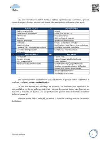 Una vez conocidos los puntos fuertes y débiles, oportunidades y amenazas, que nos
caracterizan procedemos a puntuar cada una de ellas, averiguando así la estrategia a seguir.


91                 PUNTOS FUERTES               76                  OPORTUNIDADES
        Espíritu emprendedor                           Ayudas
        Conocimiento del mercado                       Ventajas de ser una S.L
        Información                                    Poca competencia
        Contactos                                      Gran cantidad de recursos
        Servicios novedosos                            Numerosos profesionales
        Formación                                      Servicio completo de formación
        Idea innovadora                                Bonificaciones para jóvenes emprendedoras
        Capacidad para asumir responsabilidad          Avance de las nuevas tecnologías
        Capacidad de organización                      Competencia poco actualizada
        Motivación
33                  PUNTOS DÉBILES              67,5                    AMENAZAS
        Financiación                                   Tasa de paro
        Aversión al riesgo                             Expectativas de la población futura
        Falta de experiencia                           Costes elevados
        No ser conocidos en el mercado                 Cuidado de los hijos/as por familiares
                                                       Situación económica actual de las familias
                                                       Existencia de nuevos competidores
                                                       Descenso de la demanda
                                                       Familias poco numerosas


       Tras valorar nuestras características y las del entorno al que nos vamos a enfrentar, el
resultado nos lleva a una estrategia ofensiva.

       La idea que resume esta estrategia es potenciar las fortalezas para aprovechar las
oportunidades, por lo que debemos potenciar y mejorar los puntos fuertes para hacernos un
hueco en el mercado, sin dejar de lado las oportunidades que nos ofrece el mercado en nuestro
ámbito empresarial.

       Nuestros puntos fuertes están por encima de la situación externa y más aún de nuestras
debilidades.




Políticas de marketing                                                                              4
 