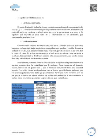 -    El capital invertido se divide en.

               o    Activo no corriente.

        El precio de adquirir todo el activo no corriente necesario para la empresa asciende
a 147.174,51 €. La rentabilidad media requerida para la inversión es del 10%. Por lo tanto, el
coste del activo no corriente es el 10% sobre 147.174,51 € que asciende a 14.717,45 €. Se
repartirá con respecto al coste total de la amortización de los elementos que
correspondan a cada servicio.

               o    Activo corriente.

        Cuando dinero invierto durante un año para llevar a cabo mi actividad. Sumamos
los gastos en Seguridad Social, suministros, material escolar, autobús y comida, llegando a
un total de 101.363,03 €. La rentabilidad media requerida para la inversión es del 10%. Por
lo tanto, el coste del activo no corriente es el 10% sobre 101.363,03 € que asciende a
10.136,30€. Esta cantidad se divide con respecto a los costes corrientes, que son los costes
directos y los indirectos sin las amortizaciones.

       Para terminar, debemos restar el total del coste de oportunidad para comprobar si
nuestro proyecto tiene la rentabilidad que le pedimos. Como vemos en el siguiente
cuadro, esto no es así, puesto que la que el resultado del periodo tiene una cantidad
negativa (-20,29%). Hemos averiguado que esto se debe a que sólo hemos estimado que
van a ser ocupadas 50 plazas de las 90 que ofertamos. Por lo que en los sucesivos años en
los que se ocuparan un mayor número de plazas este porcentaje se verá minorado e
incluso habrá beneficios, apuntando un proyecto con gran rentabilidad.

                                     Importe        %
Ventas netas                       127.325,00 €   100,00%
Costes PP.VV                       105.475,59 €    82,84%
Costes oportunidad                  46.853,75 €    36,80%
Margen industrial                - 25.004,34 €    -19,64%
Costes comerciales                     605,00 €     0,48%
Margen comercial                 - 25.609,34 €    -20,11%
Coste administración                   221,61 €     0,17%
Resultado periodo                - 25.830,95 €    -20,29%




Políticas de marketing                                                                           47
 