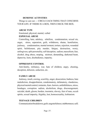 DEMONIC ACTIVITIES
 Things to cast out — CIRCLE EACH THING THAT CONCERNS
YOUR LIFE. IF THERE IS A BOX, THEN CHECK THE BOX.

  ABUSE TYPE
  Emotional; physical; mental, verbal
  ESPOUSAL ABUSE
  Controlling, hate, adultery, rebellion, condemnation, sexual sin,
anger, stress, separation, guilt, withdrawn, shame, humiliation,
jealousy, condemnation, mental torment, torture, rejection, wounded
spirit, belittlement, pity murder, fatigue, destruction, worry,
unforgivess, split personality, self-deception, sadism, masochism, fear,
alcohol, drug abuse, moping, mistrust, demanding, darkened heart,
depravity, lusts, disobedience, impurity.

 OPPRESSIVE CONTROL
 Anti-family, militancy, war, hate of children, angry, cheating,
deception, delusion, seduction, etc.

  FAMILY ABUSE
  Jealousy, insult, cursing, scurrility, anger, desecration, badness, hate
malediction, disapprobation, condemnatory, defamatory, slanderous,
physical mental control, torments, fears. horrors, unfaithfulness, stress,
bondages, corruption. sadism, alcoholism, drugs, discouragement,
suicidal, death, gloom, burden, insomnia, slavery, fear of man, occult
spirits, sexual impurity, frigidity, lust, homosexuality, lesbianism.

 TEENAGE CHILDREN
 Communication breakdown; guilt; ungratefulness; stubbornness; self;


                                Page -37-
 