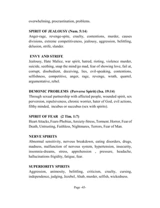 overwhelming, procrastination, problems.

SPIRIT OF JEALOUSY (Num. 5:14)
Anger-rage, revenge-spite, cruelty, contentions, murder, causes
divisions, extreme competitiveness, jealousy, aggression, belittling,
delusion, strife, slander.

 ENVY AND STRIFE
Jealousy, Hate Malice, war spirit, hatred, rioting, violence murder,
suicide, seething, snap the mind/go mad, fear of showing love, fail at,
corrupt, disobedient, deceiving, lies, evil-speaking, contentions,
selfishness, competitive, anger, rage, revenge, wrath, quarrel,
argumentative, rebel.

DEMONIC PROBLEMS (Perverse Spirit) (Isa. 19:14)
Through sexual partnership with affected people, wounded spirit, sex
perversion, repulsiveness, chronic worrier, hater of God, evil actions,
filthy minded, incubus or succubus (sex with spirits).

SPIRIT OF FEAR (2 Tim. 1:7)
Heart Attacks, Fears-Phobias, Anxiety-Stress, Torment. Horror, Fear of
Death, Untrusting, Faithless, Nightmares, Terrors, Fear of Man.

NERVE SPIRITS
Abnormal sensitivity, nervous breakdown, eating disorders, drugs,
madness, malfunction of nervous system, hypertension, insecurity,
insomnia-dreams, stress, apprehension , pressure, headache,
hallucinations frigidity, fatigue, fear.

SUPERIORITY SPIRITS
Aggression, animosity, belittling, criticism, cruelty, cursing,
independence, judging, Jezebel, Ahab, murder, selfish, wickedness.

                               Page -45-
 