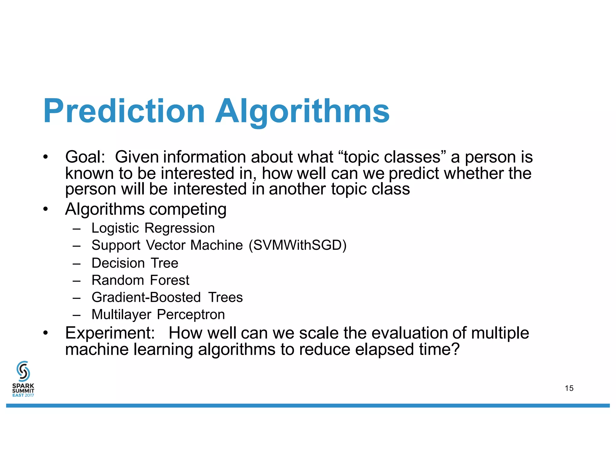 Prediction Algorithms
• Goal: Given information about what “topic classes” a person is
known to be interested in, how well can we predict whether the
person will be interested in another topic class
• Algorithms competing
– Logistic Regression
– Support Vector Machine (SVMWithSGD)
– Decision Tree
– Random Forest
– Gradient-Boosted Trees
– Multilayer Perceptron
• Experiment: How well can we scale the evaluation of multiple
machine learning algorithms to reduce elapsed time?
15
 