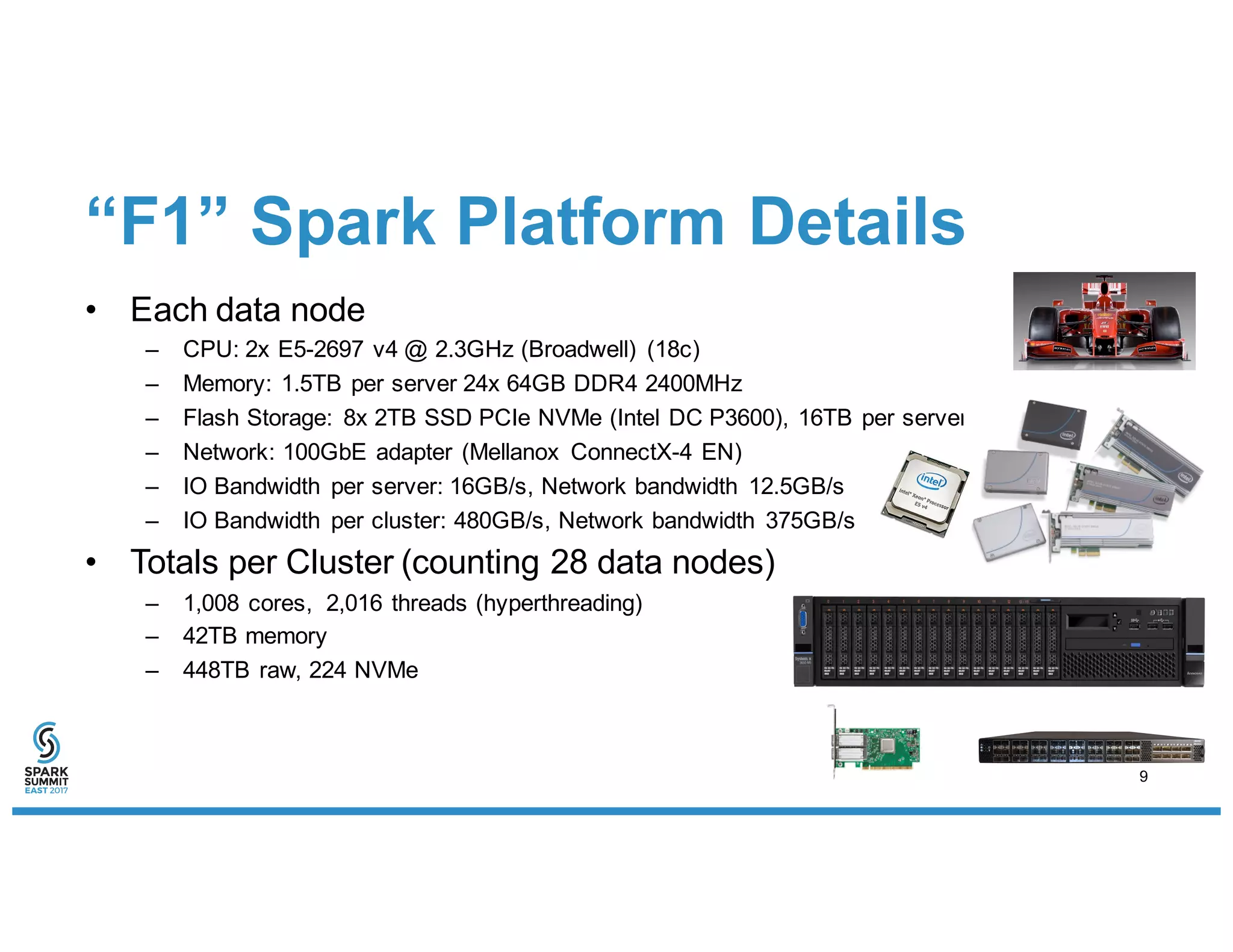 • Each data node
– CPU: 2x E5-2697 v4 @ 2.3GHz (Broadwell) (18c)
– Memory: 1.5TB per server 24x 64GB DDR4 2400MHz
– Flash Storage: 8x 2TB SSD PCIe NVMe (Intel DC P3600), 16TB per server
– Network: 100GbE adapter (Mellanox ConnectX-4 EN)
– IO Bandwidth per server: 16GB/s, Network bandwidth 12.5GB/s
– IO Bandwidth per cluster: 480GB/s, Network bandwidth 375GB/s
• Totals per Cluster (counting 28 data nodes)
– 1,008 cores, 2,016 threads (hyperthreading)
– 42TB memory
– 448TB raw, 224 NVMe
“F1” Spark Platform Details
9
 