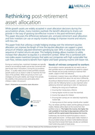 While growth assets are widely accepted in asset allocation decisions during the
accumulation phase, many investors overlook the benefit allocating to shares can
provide in the way of growing tax-effective income in the post-retirement phase.
This paper discusses the differences between pre- and post-retirement asset allocation
and how investors can use an equity income strategy to improve income and returns
with less risk.
This paper finds that utilising a simple hedging strategy over the retirement equities
allocation can improve the length of time the equities allocation can support a given
amount of inflation adjusted retirement spending by over 34% in situations where the
sequence of market returns are poor. This hedging strategy allows investors to safely
increase their allocation to equities in a retirement context. When this is combined with
non-index aware investment process that seeks out companies with high sustainable free
cash flow, retirees stand to benefit from higher and faster growing income with lower risk.
During our working lives, investment strategies are typically
aimed at accumulating wealth and are less concerned with
year-to-year return fluctuations. During this accumulation
phase – it usually makes sense to skew portfolios towards
growth assets such as shares in order to maximise the final
value of the portfolio. While annual returns from such
strategies can be quite volatile, over longer time periods
the volatility is less pronounced, particularly when
inflation is taken into account.
Chart 1: Illustrative accumulation asset allocation
Bank deposits
and bonds
Shares
30%
70%
Needs of retirees compared to workers
Accumulation investors generally do not need to rely on
their portfolio returns or withdrawals of capital to support
their lifestyle and are purely investing to maximise their
wealth, subject to their risk tolerance.
In retirement, investors have a very different risk profile and
appetite and should think about risk and return differently.
According to National Seniors Australia1
, over 90 percent of
seniors rate the following factors as very important when
addressing retirement spending (in order of importance):
1. Meeting the rising cost of healthcare
2. Ensuring their money lasts a lifetime
3. Having regular income to cover the essentials
4. Income that adjusts for inflation
5. Ensuring their savings are not adversely impacted by
market falls
6. Having access to their savings instantly when needed
Thus, for retirees cash-flow matters and the pathway of returns
matters. Retirees will be reliant on the income from their
portfolio to live on. The higher the income, the higher the
cash available to fund day-to-day expenses without the
need to sell the capital assets that produce the income.
Furthermore, the month-to-month fluctuations in returns –
both capital and income – of those assets matter. Investors in
the accumulation phase can endure market declines because
they have time to recover their losses and also can contribute
more funds to buy assets at lower prices.
1 National Seniors Australia / Challenger, “Retirees’ Needs and Their (In)Tolerance for Risk” March 2013.
Rethinking post-retirement
asset allocation
 