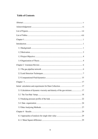 iii
Table of Contents
Abstract........................................................................................................................ v
Acknowledgement ...................................................................................................... vi
List of Figures............................................................................................................ vii
List of Tables ............................................................................................................viii
Chapter 1...................................................................................................................... 1
Introduction.................................................................................................................. 1
1.1 Background ........................................................................................................ 1
1.2 Motivation.......................................................................................................... 3
1.3 Project Objective................................................................................................ 4
1.4 Organization of Thesis....................................................................................... 4
Chapter 2 Literature Review....................................................................................... 6
2.1 The gas pipeline network ................................................................................... 6
2.2 Leak Detection Techniques................................................................................ 7
2.3 Computational Fluid dynamics ........................................................................ 15
Chapter 3................................................................................................................... 17
Initial calculation and experiments for Data Collection ........................................... 17
3.1 Calculation of dynamic viscosity and density of the gas mixture.................... 17
3.2 The Test Bed Setup ........................................................................................ 18
3.3 Studying pressure profile of the leak. .............................................................. 22
3.4 Data organization ........................................................................................... 24
3.5 Data Analysing Methods.................................................................................. 27
Chapter 4 Results..................................................................................................... 29
4.1 Approaches of analysis for single inlet value .................................................. 29
4.1.1 Mean Square difference ................................................................................ 29
 