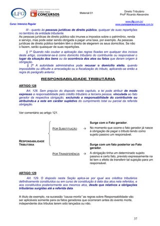 Direito Tributário
                                                      Material 01
                                                                                      Profº Ricardo Alexandre

                                                                                         www.lfg.com.br/
Curso: Intensivo Regular                                                          www.cursoparaconcursos.com.br

              III - quanto às pessoas jurídicas de direito público, qualquer de suas repartições
        no território da entidade tributante.
        As pessoas jurídicas de direito público são imunes a impostos sobre o patrimônio, renda
        e serviço, mas pode estar sendo obrigada a pagar uma taxa, por exemplo. As pessoas
        jurídicas de direito público também têm o direito de elegerem os seus domicílios. Se não
        o fazem, serão quaisquer de suas repartições.
             § 1º Quando não couber a aplicação das regras fixadas em qualquer dos incisos
        deste artigo, considerar-se-á como domicílio tributário do contribuinte ou responsável o
        lugar da situação dos bens ou da ocorrência dos atos ou fatos que deram origem à
        obrigação.
              § 2º A autoridade administrativa pode recusar o domicílio eleito, quando
        impossibilite ou dificulte a arrecadação ou a fiscalização do tributo, aplicando-se então a
        regra do parágrafo anterior.

                           RESPONSABILIDADE TRIBUTÁRIA

        ARTIGO 128
             Art. 128. Sem prejuízo do disposto neste capítulo, a lei pode atribuir de modo
        expresso a responsabilidade pelo crédito tributário a terceira pessoa, vinculada ao fato
        gerador da respectiva obrigação, excluindo a responsabilidade do contribuinte ou
        atribuindo-a a este em caráter supletivo do cumprimento total ou parcial da referida
        obrigação.

        Ver comentário ao artigo 121.


                                                              Surge com o Fato gerador.

                                 POR SUBSTITUIÇÃO            No momento que ocorre o fato gerador já nasce
                                                              à obrigação de pagar o tributo tendo como
                                                              sujeito passivo um responsável.

        RESPONSABILIDADE
        TRIBUTÁRIA                                            Surge com um fato posterior ao Fato
                                                              gerador.
                                 POR TRANSFERÊNCIA           A obrigação tinha um determinado sujeito
                                                              passivo e certo fato, previsto expressamente na
                                                              lei tem o efeito de transferir tal sujeição para um
                                                              responsável.


        ARTIGO 129
               Art. 129. O disposto nesta Seção aplica-se por igual aos créditos tributários
        definitivamente constituídos ou em curso de constituição à data dos atos nela referidos, e
        aos constituídos posteriormente aos mesmos atos, desde que relativos a obrigações
        tributárias surgidas até a referida data.

        A título de exemplo, na sucessão “causa mortis” as regras sobre Responsabilidade vão
        ser aplicáveis somente para os fatos geradores que ocorreram antes do evento morte,
        independente dos tributos terem sido lançados ou não.




                                                                                                 37
 