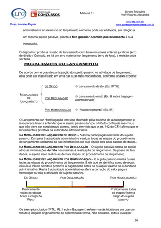 Direito Tributário
                                                      Material 01
                                                                                     Profº Ricardo Alexandre

                                                                                        www.lfg.com.br/
Curso: Intensivo Regular                                                         www.cursoparaconcursos.com.br

            administrativa no exercício do lançamento somente pode ser efetivada, em relação a

            um mesmo sujeito passivo, quanto a fato gerador ocorrido posteriormente à sua

            introdução.

        O dispositivo proíbe a revisão de lançamento com base em novos critérios jurídicos (erro
        de direito). Contudo, se há um erro material no lançamento (erro de fato), a revisão pode
        ser feita.
            MODALIDADES DO LANÇAMENTO

        De acordo com o grau de participação do sujeito passivo na atividade de lançamento,
        este pode ser classificado em uma das suas três modalidades, conforme abaixo exposto:


                            DE OFÍCIO              Lançamento direto. (Ex. IPTU)

         MODALIDADES
                                                   Lançamento misto (Ex. II sobre bagagem
             DE             POR DECLARAÇÃO
                                                  acompanhada)
         LANÇAMENTO

                            POR HOMOLOGAÇÃO        “Autolançamento” (Ex. IR)


        O Lançamento por Homologação tem sido chamado pela doutrina de autolançamento e
        isso parece levar a entender que o sujeito passivo lançou o tributo contra ele mesmo, o
        que não deve ser considerado correto, tendo em vista que o art. 142 do CTN afirma que o
        lançamento é privativo da autoridade administrativa.
        NA MODALIDADE DE LANÇAMENTO DE OFÍCIO – Não há participação relevante do sujeito
        passivo. Compete à autoridade administrativa realizar todas as etapas do procedimento
        de lançamento, utilizando-se das informações de que dispõe nos seus bancos de dados..
        NA MODALIDADE DE LANÇAMENTO POR DECLARAÇÃO – O sujeito passivo presta ao sujeito
        ativo as informações de fato necessárias à realização do lançamento. De posse de tais
        dados, o sujeito ativo realiza as demais etapas do procedimento de lançamento.
        NA MODALIDADE DE LANÇAMENTO POR HOMOLOGAÇÃO – O sujeito passivo realiza quase
        todas as etapas do procedimento de lançamento. É ele que se identifica como devedor,
        calcula o tributo devido e promove o pagamento antes de qualquer exame da autoridade
        administrativa. Resta à autoridade administrativa aferir a correção do valor pago e
        homologar ou não a atividade do sujeito passivo.
             DE OFÍCIO                  POR DECLARAÇÃO                       POR HOMOLOGAÇÃO


            Praticamente                                                     Praticamente todas
          todas as etapas                                                     as etapas ficam a
         ficam a cargo do                                                      cargo do sujeito
                Fisco                                                              passivo


        Os exemplos citados (IPTU, IR, II sobre Bagagem) referem-se às hipóteses em que um
        tributo é lançado originalmente de determinada forma. Não obstante, todo e qualquer

                                                                                                50
 