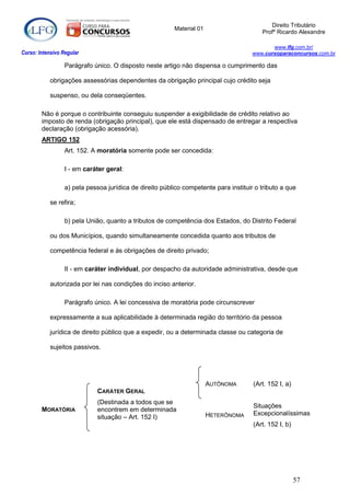 Direito Tributário
                                                         Material 01
                                                                                         Profº Ricardo Alexandre

                                                                                             www.lfg.com.br/
Curso: Intensivo Regular                                                              www.cursoparaconcursos.com.br

                  Parágrafo único. O disposto neste artigo não dispensa o cumprimento das

            obrigações assessórias dependentes da obrigação principal cujo crédito seja

            suspenso, ou dela conseqüentes.

        Não é porque o contribuinte conseguiu suspender a exigibilidade de crédito relativo ao
        imposto de renda (obrigação principal), que ele está dispensado de entregar a respectiva
        declaração (obrigação acessória).
        ARTIGO 152
                  Art. 152. A moratória somente pode ser concedida:

                  I - em caráter geral:

                  a) pela pessoa jurídica de direito público competente para instituir o tributo a que

            se refira;

                  b) pela União, quanto a tributos de competência dos Estados, do Distrito Federal

            ou dos Municípios, quando simultaneamente concedida quanto aos tributos de

            competência federal e às obrigações de direito privado;

                  II - em caráter individual, por despacho da autoridade administrativa, desde que

            autorizada por lei nas condições do inciso anterior.

                  Parágrafo único. A lei concessiva de moratória pode circunscrever

            expressamente a sua aplicabilidade à determinada região do território da pessoa

            jurídica de direito público que a expedir, ou a determinada classe ou categoria de

            sujeitos passivos.




                                                                       AUTÔNOMA       (Art. 152 I, a)
                             CARÁTER GERAL
                             (Destinada a todos que se
                                                                                      Situações
        MORATÓRIA            encontrem em determinada
                                                                       HETERÔNOMA     Excepcionalíssimas
                             situação – Art. 152 I)
                                                                                      (Art. 152 I, b)




                                                                                                        57
 