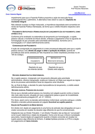 Direito Tributário
                                                        Material 01
                                                                                      Profº Ricardo Alexandre

                                                                                          www.lfg.com.br/
Curso: Intensivo Regular                                                           www.cursoparaconcursos.com.br

        impedimento para que a Fazenda Pública proponha a ação de execução fiscal,
        constrangendo-lhe o patrimônio. A alternativa mais viável no caso é o depósito do
        montante integral.
        Não obtendo sucesso no litígio instaurado, a importância depositada será convertida em
        renda da Fazenda Pública interessada, de forma que o crédito tributário respectivo será
        extinto.
         PAGAMENTO         ANTECIPADO E HOMOLOGAÇÃO DO LANÇAMENTO (OU DO PAGAMENTO, COMO
        AFIRMA O STJ)

        Conforme já foi analisado na sistemática do lançamento por homologação, o sujeito
        passivo calcula o montante do tributo devido, antecipa o pagamento e fica no aguardo da
        homologação do seu proceder pela autoridade administrativa. Somente com a
        homologação o CT estará definitivamente extinto.
          CONSIGNAÇÃO EM PAGAMENTO
        A ação de consignação em pagamento é o meio processual adequado para que o sujeito
        passivo exerça o seu direito de pagar e obter a quitação do tributo, quando tal
        providência está sendo obstada por fato imputável ao credor (hipóteses previstas no art.
        164 do Código).
                                 CONSIGNAÇÃO EM            DEPÓSITO DO
                                   PAGAMENTO            MONTANTE INTEGRAL
                                                                 
                                 Depósito do que         Depósito do que o
                                se entende devido       Estado está exigindo


          DECISÃO ADMINISTRATIVA IRREFORMÁVEL
        Se o sujeito passivo, irresignado com lançamento efetuado pela autoridade
        administrativa, oferece impugnação, acaba por instaurar um litígio que seguirá as regras
        da lei do processo administrativo fiscal do respectivo ente tributante.
        Se, ao final do litígio, a decisão for pela improcedência do lançamento, o crédito estará
        definitivamente extinto.
         DECISÃO JUDICIAL PASSADA EM JULGADO
        Diz-se que a decisão judicial passou (ou transitou) em julgado quando contra a mesma
        não mais cabe recurso, situação em que o julgamento passa a gozar de imutabilidade
        constitucionalmente protegida (CF, art. 5.º, XXXVI).
        Por óbvio, assim como na decisão administrativa irreformável, somente extingue o crédito
        tributário a decisão judicial passada em julgado favorável ao sujeito passivo.
        DAÇÃO EM PAGAMENTO DE BENS IMÓVEIS
        Em direito civil, dação em pagamento é uma forma de extinção das obrigações em que o
        credor concorda em receber do devedor algo diferente do que foi convencionado.
        Adaptando isso ao Direito Tributário  em Direito Tributário não se fala em “convenção”
        (a lei é quem determina o objeto da obrigação). Como a lei diz que o tributo é prestação
        pecuniária, haverá dação em pagamento quando o Estado concordar em receber do
        sujeito passivo algo diferente de dinheiro. A única hipótese prevista no CTN é a dação
        em pagamento em bens imóveis.



                                                                                                    63
 
