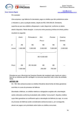 Direito Tributário
                                                         Material 01
                                                                                      Profº Ricardo Alexandre

                                                                                          www.lfg.com.br/
Curso: Intensivo Regular                                                           www.cursoparaconcursos.com.br

            Por exemplo:

            Uma empresa, cuja falência foi decretada, paga os créditos que têm preferência sobre

            o tributário e, para a quitação destes, dispõe de R$ 2.000.000,00. Entretanto,

            suponha-se que seus débitos ultrapassam o valor disponível, conforme os dados

            abaixo dispostos. Nesta situação. o concurso entre pessoas jurídicas de direito público

            resultará no seguinte:

                           UNIÃO       PERNAMBUCO        SÃO           PARAÍBA        CAMPINA

                                                         PAULO                        GRANDE

            A                 R$           R$                R$            R$                R$

            PAGAR          1.000.000    1.000.000        2.000.000     7.000.000        2.000.000




                                                    R$ 10.000.000




            PAGO              R$       R$ 100.000            R$            R$                

                           1.000.000                      200.000       700.000



        Perceba-se que o Município de Campina Grande não receberá nada, tendo em vista o
        fato de os credores que têm vantagem no concurso exaurirem todo o ativo da entidade
        falida.
        ARTIGO 188
            Art. 188. São extraconcursais os créditos tributários decorrentes de fatos geradores

            ocorridos no curso do processo de falência

            Decretada a falência, os créditos relativos a obrigações surgidas até a decretação

            serão ordenados conforme já estudado (são créditos “concursais”). Aqueles créditos

            cujos fatos geradores se verificarem após a decretação da falência (ou seja, no curso

            do processo de falência) serão considerados extraconcursais e, por conseguinte,

            devem ser pagos com prioridade sobre todos os créditos concursais.


                                                                                                   96
 